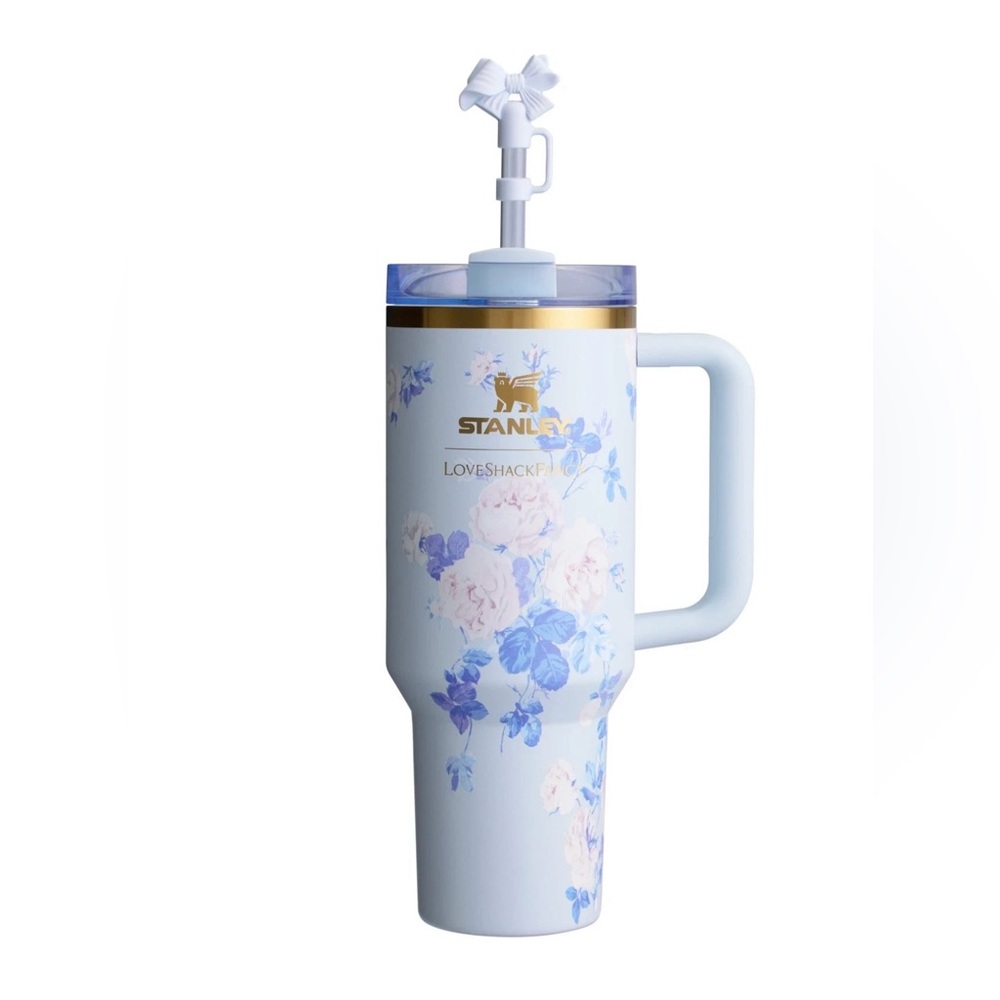 Stanley Light Blue Floral Travel Mug with Handle and Gold Accent